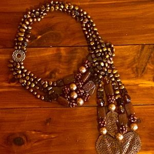 Pearls, Glass Beads, and Copper Leaf Necklace.